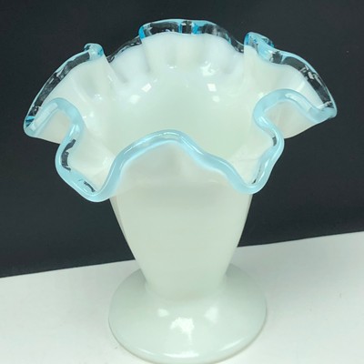 Milk Glass Vase Vintage Blue Crest Wave Rim Opaque Figurine