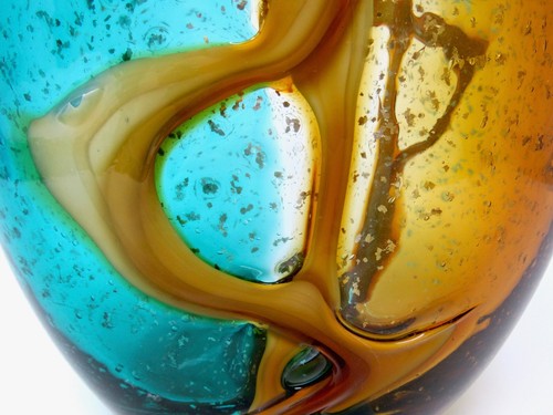 Very Big Murano Art Glass Freeform Outer Strap Silver Leaf Vase Aqua Amber - Picture 3 of 12