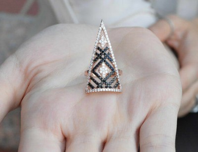 Simulated 1.10CT Triangle Shape Shiny Sapphire 935 Argentium Silver Unique Ring
