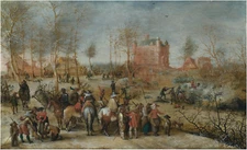 oil painting on canvas" Winter landscape with soldiers defending a town"@14243