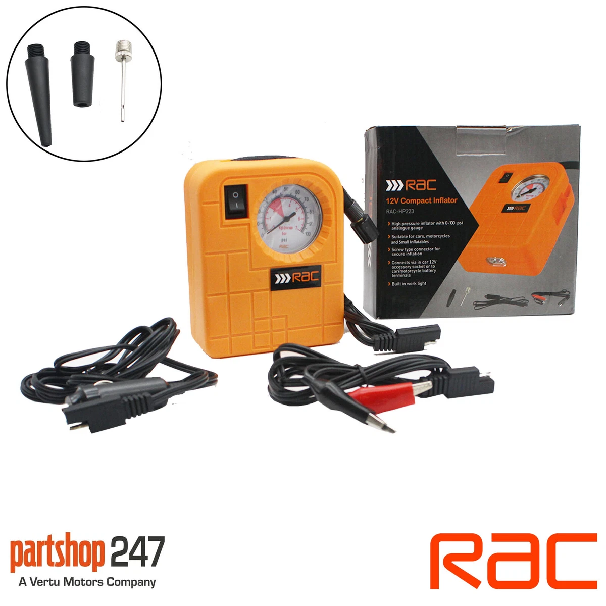 RAC 12V Car Motor Compact Air Compressor Mini Tyre Inflator Pump