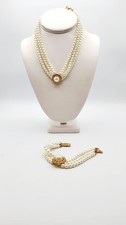 Vintage Gold-tone faux Pearl Rhinestone necklace bracelet set 16"