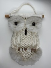 Vintage Macrame Owl Mid Century Modern Boho Jute Wall Hanging Fluffy Wood Eyes