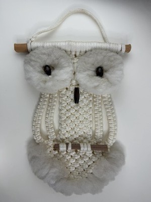 Vintage Macrame Owl Mid Century Modern Boho Jute Wall Hanging Fluffy Wood Eyes