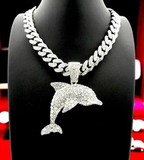 YOUNG DOLPH Dolphin Pendant 🐬 18" Iced Cuban Chain White Gold Hip Hop Necklace