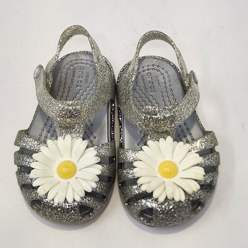 Crocs Toddler Isabella Charm Jelly Sandals Child Size 4 Silver Glitter Flower - Picture 2 of 8