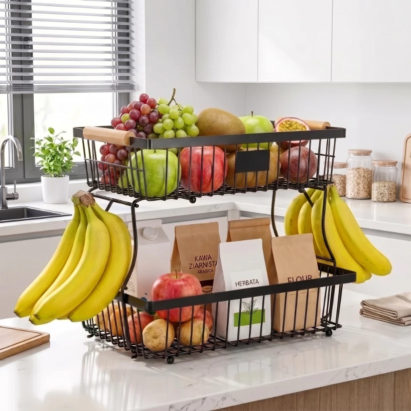 NOUVEAU WELLHAUS Corbeille à fruits pliable à 2 niveaux en métal noir... - Photo 2/4