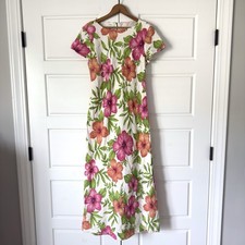 Vintage Talbots Floral Linen Maxi Dress Womens Size 10 Hibiscus Tropical Island