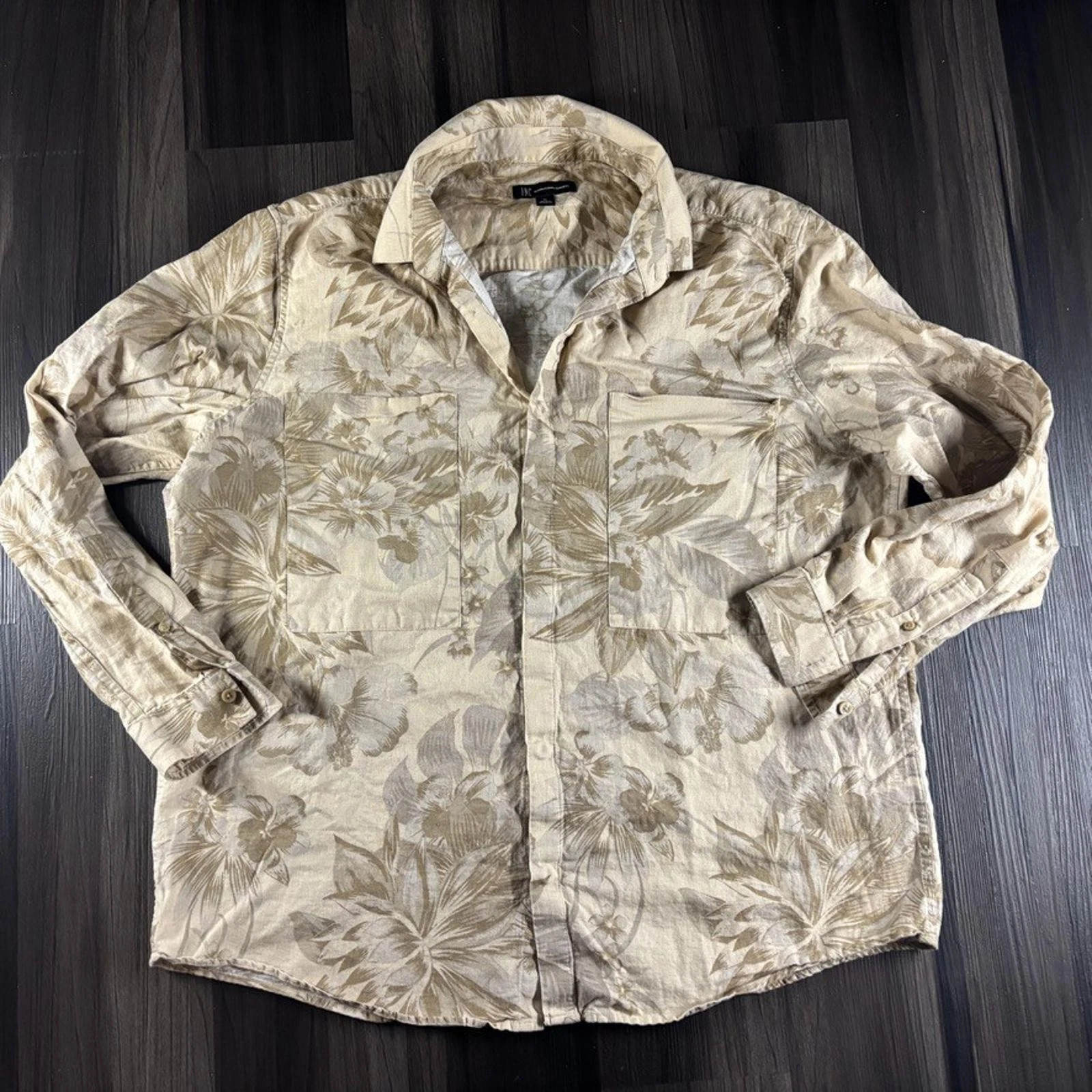 INC Linen Blend Long Sleeve Shirt Men's Size XL Tan Floral Button Down