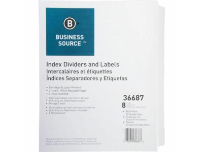 Business Source Index Dividers 3HP 8-Tab 25 ST/PK 11''x8-1/2'' White 36687