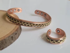 Tri Tone Solid Copper Magnetic Arthritis Therapy Cuff Bracelet Ring Set Zig Zag