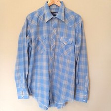 WRANGLER Single Needle Tailoring Mens Vtg Western Plaid Pearl Button Shirt 17x35