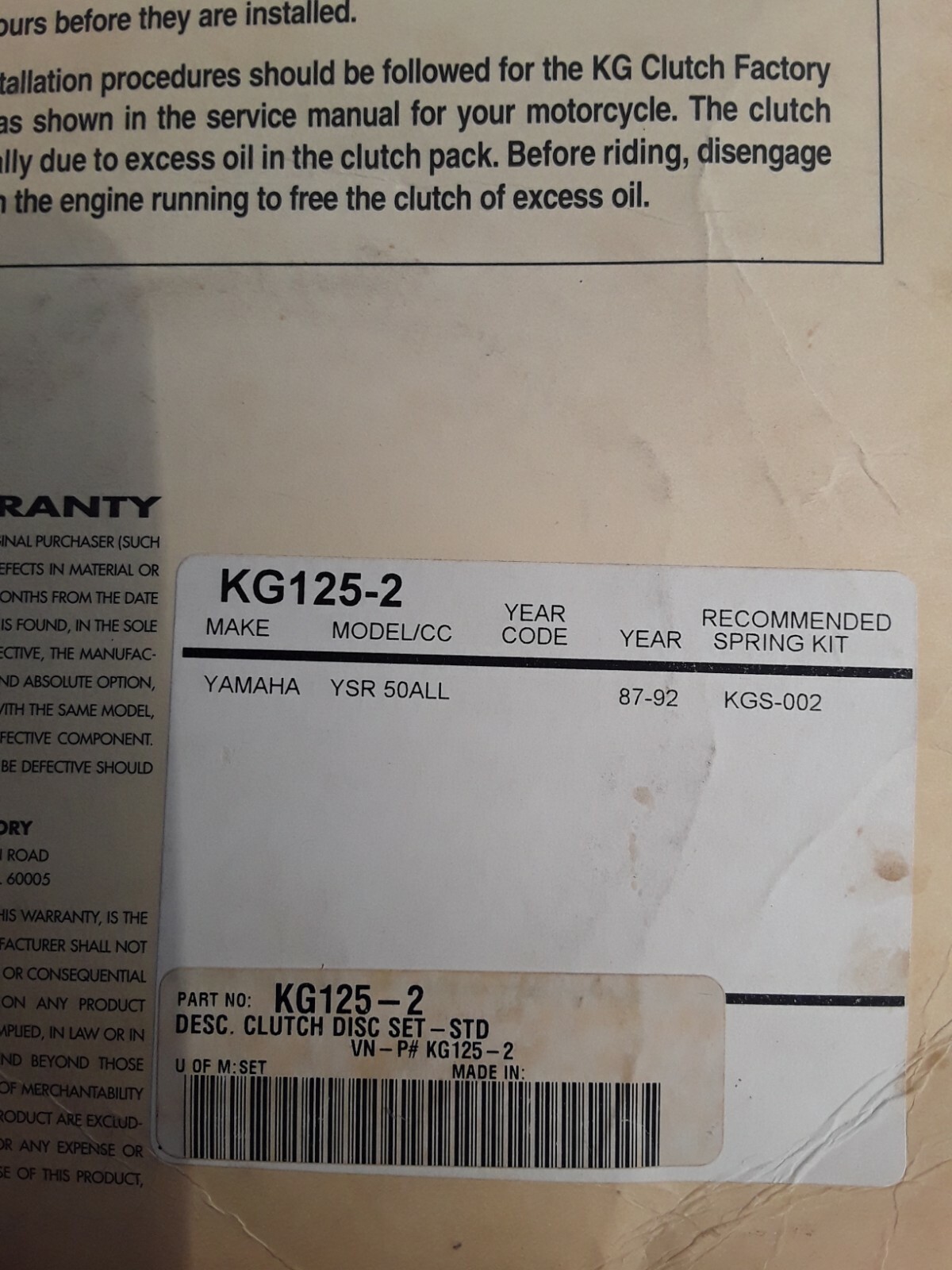 KG Clutch Factory KG1252 YSR 50 '87'92 eBay