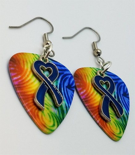 Blue Ribbon Heart Charm Guitar Pick Earrings with Surgical Steel Earwires - Picture 13 of 30