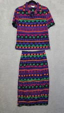 Joan Leslie Blouse Skirt Set Size 4P Vintage 80's 90's Petite Guatemal Colorful