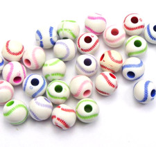 100 White with Mixed Color Baseball Pattern Acrylic Round Beads 12mm