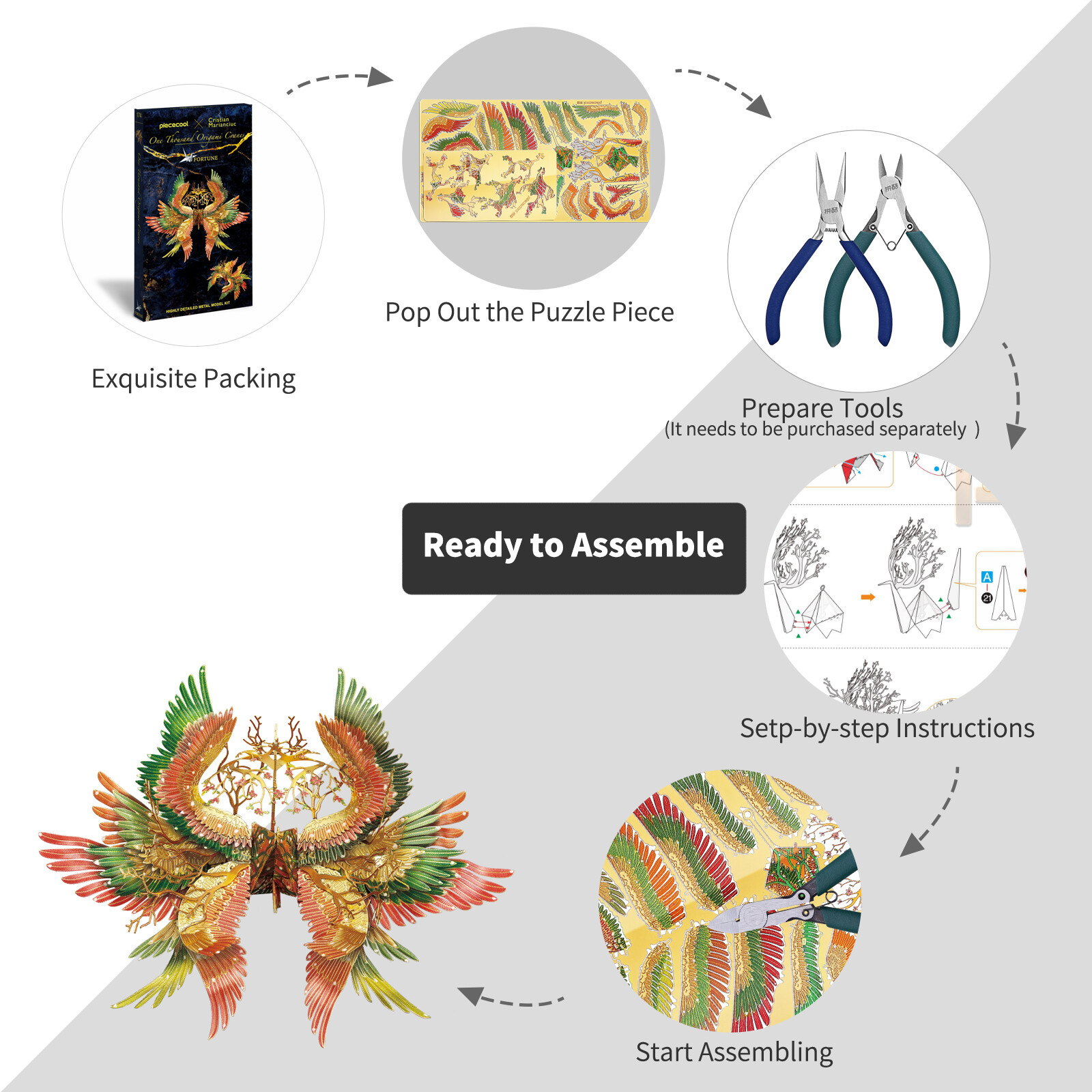 Piececool 3d Puzzles Wishing Blessing Metal Crane Model Kit Holiday Gift