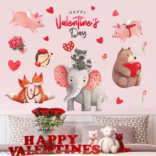 Happy Valentine'S Day Wall Decals Stickers, Valentine Animals Red Love Heart Flo - Picture 9 of 12