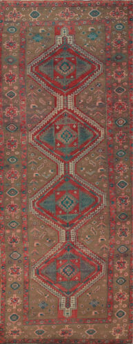 Tribal Brown Geometric Ardebil Traditional Hand-knotted Hallway Runner Rug 4x12