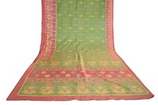 FNC Vintage Green Sambalpuri Ikat Sarees Handwoven Art Silk Sari Fabric Antique