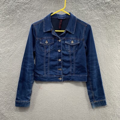Almost Famous Women s Dark Wash Blue Adjustable Waist Denim Jeans Jacket Size M