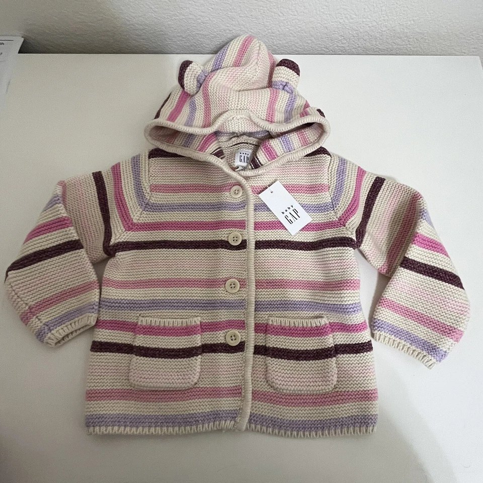 Cárdigan Suéter Baby Gap Liguero Rosa Púrpura Rayas Niñas Talla 12-18 Meses Nuevo con Etiquetas Foto 3 de 4