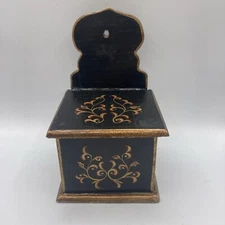 Vtg Primitive Wooden Salt Box Wall Hanging Rustic Lacquered, Black, Gold Red