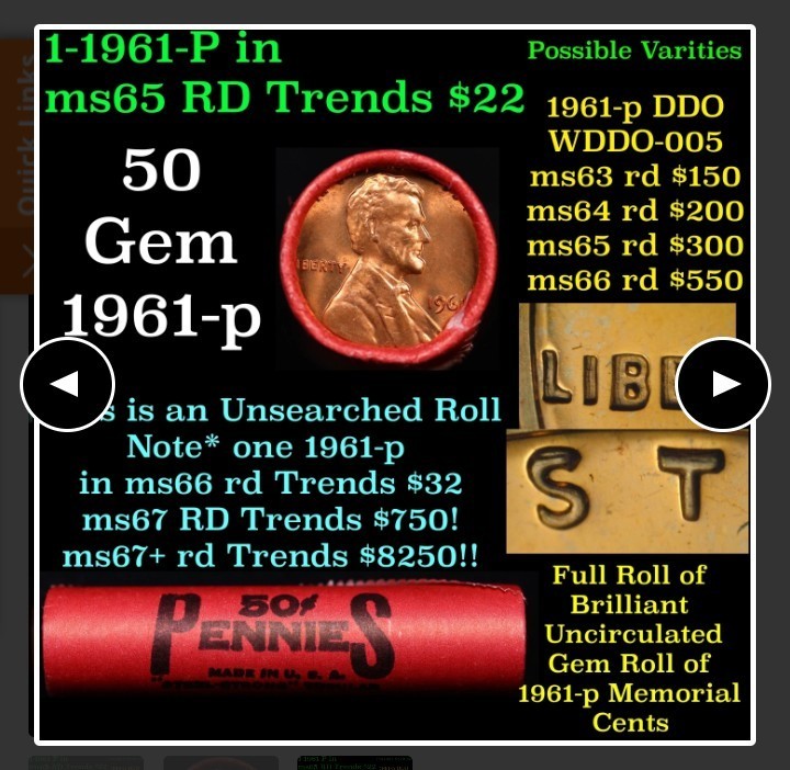 1961 P OBW Unsearched Bankroll Of Lincoln pennies, Tight Ends and From the Bank.