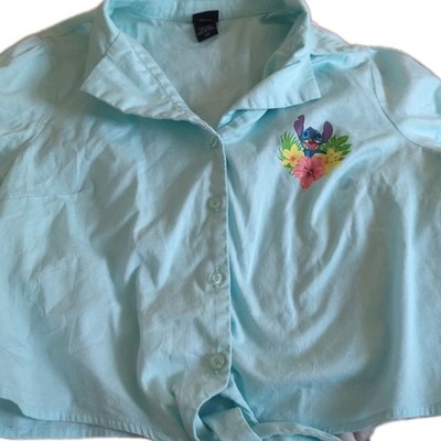 Disney Lilo & Stitch Baby Blue Crop Top Shirt  Size Largestitch With Flowers