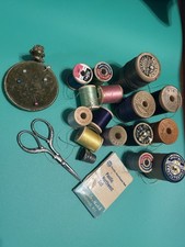Antique Cherub Pin Cushion Vintage Sheffield Scissors Thimble 15 Wood Spools Lot