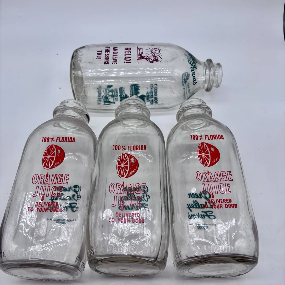 4 botellas de vidrio vintage de jugo de naranja Florida New Jersey Farms Foto 2 de 4