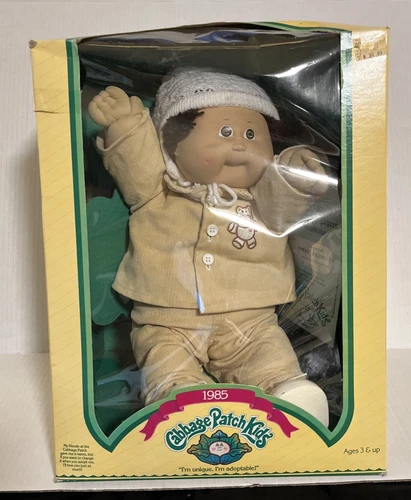 Cabbage Patch Kid Boy Doll Tan Corduroy Outfit Knit Hat- 1985 W/Box & Papers