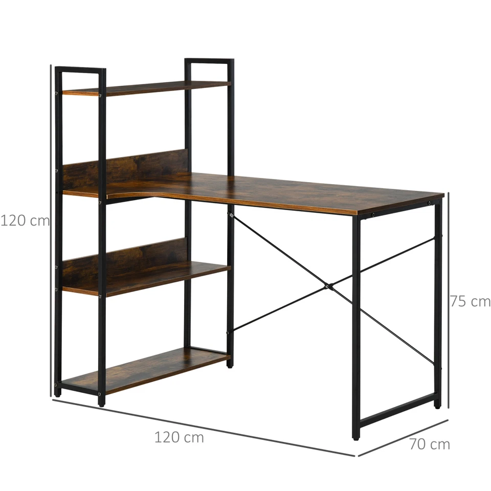 Retro Industrial Computer Desk With 4-Tier Shelf Metal Frame Brown - Image 3 of 4