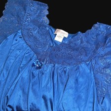 Shadowline Royal Blue Nylon Nightgown Lace Trim Flutter Sleeve Bow Accent Large