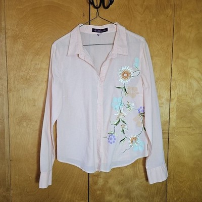 Vintage Gloria Vanderbilt Pink Peach Floral Embroidered Button Down Shirt L