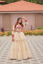 Pure Cotton Off White Lehenga Choli Koti Set Women Gamthi Work Ethnic Wear