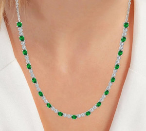 Authentic Women 8CT Oval & Round Lab-Created Emerald Tennis Necklace 14K White Gold Plated