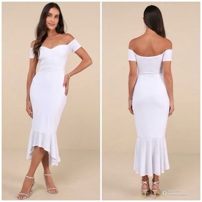 Lulus Size Medium How Much I Care White Velvet Off-The-Shoulder Midi Dress NWT
