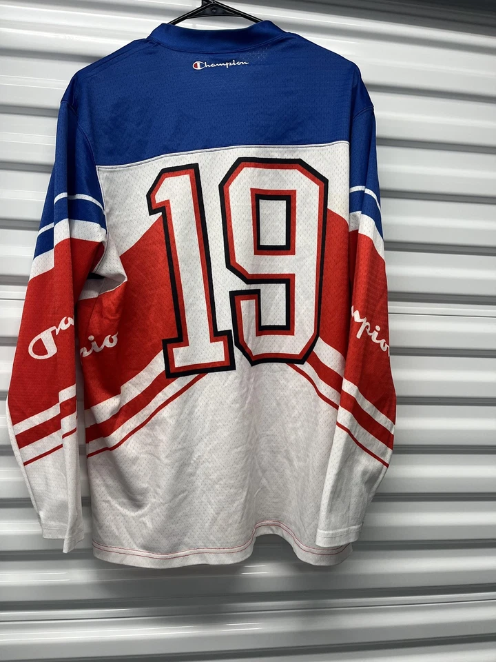 Vintage Champion Jersey Shirt Mens Large Blue Red White Hockey Style 19 Mesh 90s - Image 3 of 4
