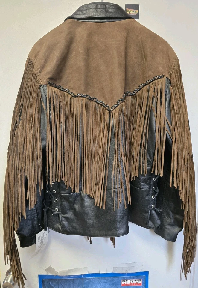 NUEVO CON ETIQUETAS De Colección Chaqueta de Cuero Negra Gamuza Marrón Flecos Cuero Galería Motociclista Estilo L Foto 2 de 4