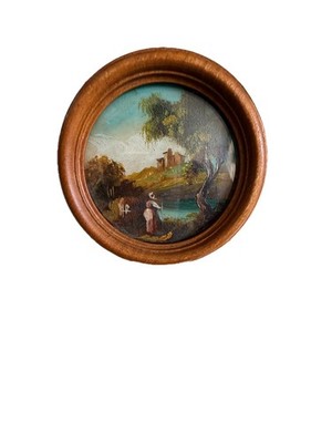 Vintage Italian Landscape Artist Oil Painting Miniature Wood Frame 2-1/2 Round