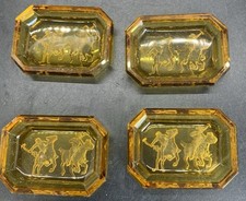 4 Octagonal Bevel Amber Glass Open Salt Cellar w/Intagio of Polo Pony Players