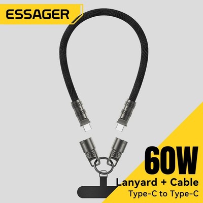 Essager 2 in 1 60W USB-C to Type-C Lanyard Data Cable 3A PD Fast Charging For