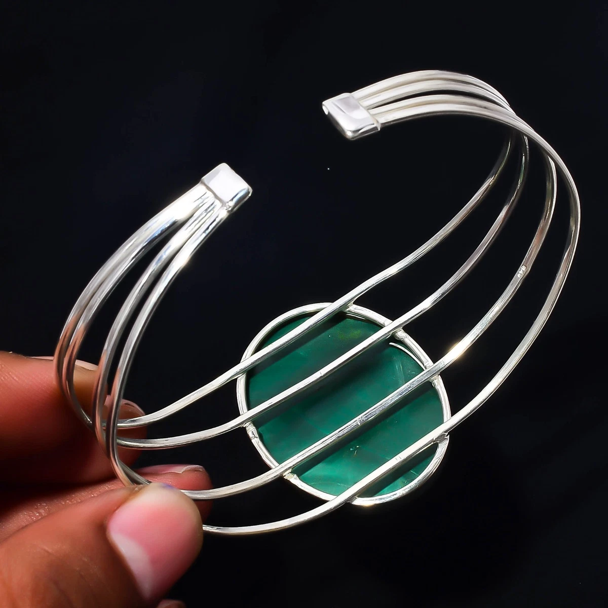 Malachite Gemstone 925 Sterling Silver Handmade Bangle Jewelry Gift For Love