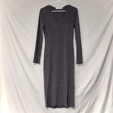 ASTR The Label Ribbed V-Neck Long Sleeve Charcoal Gray Midi Dress Sz L 