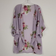 Unbranded Sheer Purple, Red Roses, Green Leaves Kimono XL