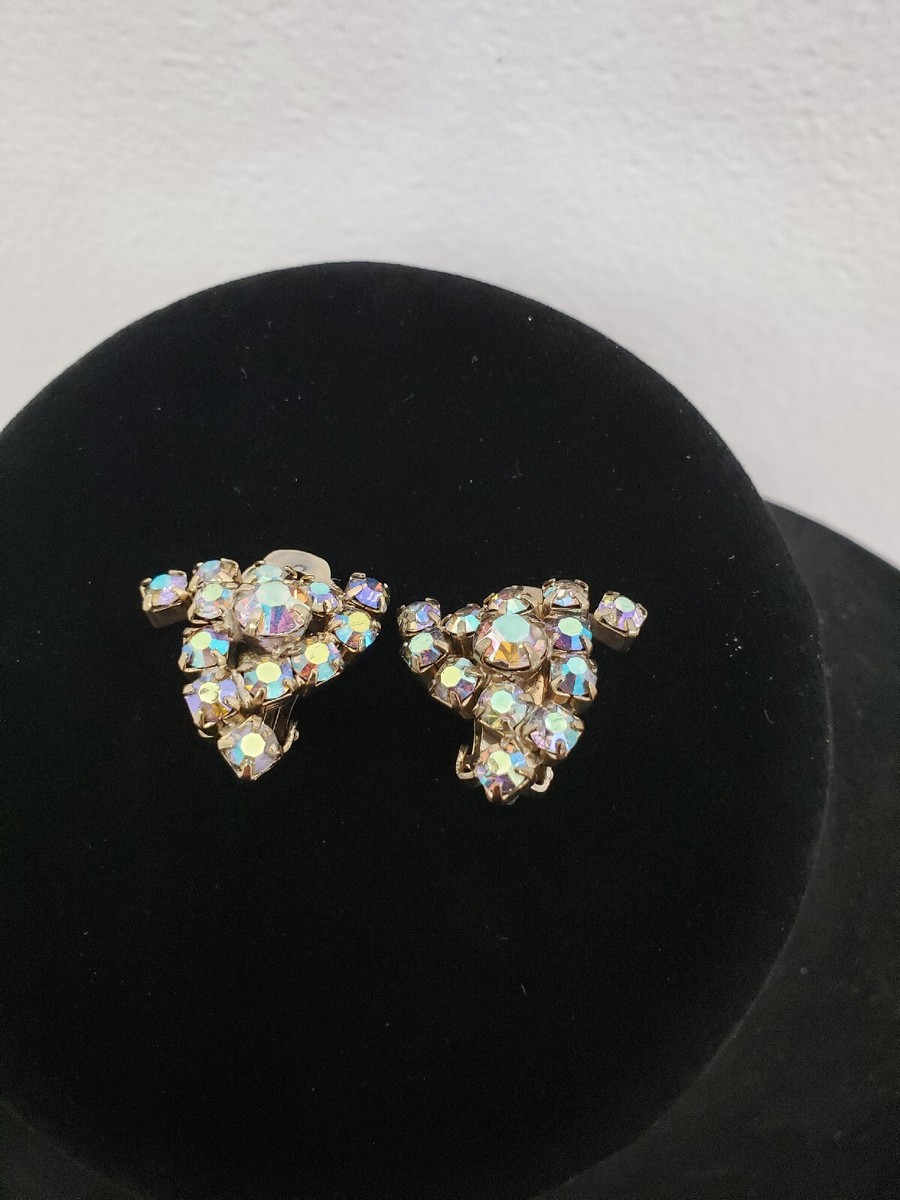 Vintage Elegant Iridescent Rhinestone Clip On Earrings