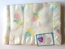 NWT Vintage Pepperell White w/ Pastel Roses 36"X50" Baby Blanket Satin Trim