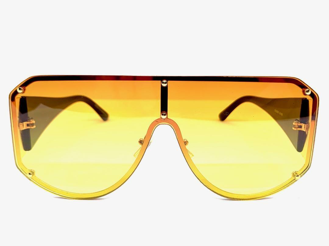 OVERSIZED Exaggerated Retro Shield SUNGLASSES Gold Frame Flat Orange Yellow Lens