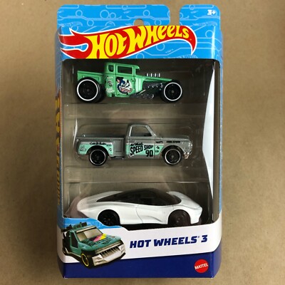 Hot Wheels 3 Pack Bone Shaker '69 Chevy Pickup Silver Mclaren Speedtail White